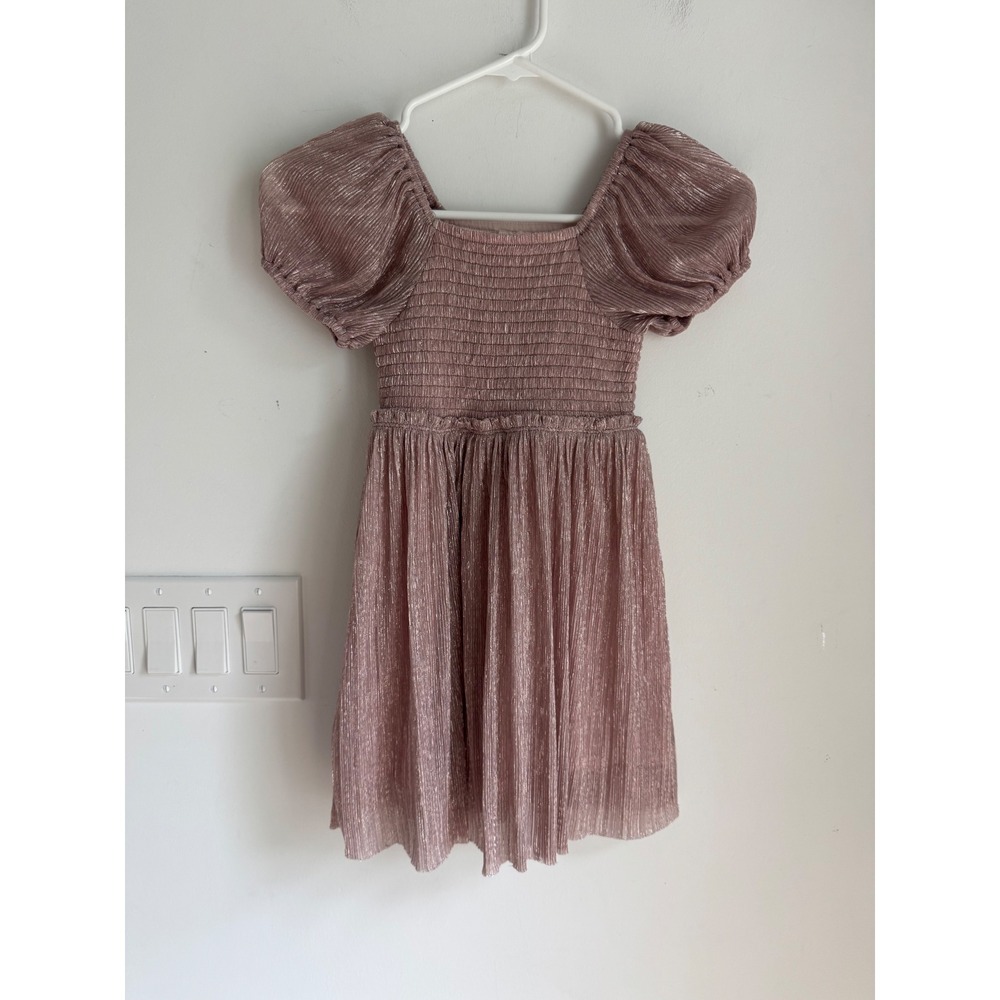 Crewcuts J.Crew Girls Pink Metallic Smocked Puff Sleeve Pleated Dress Size 6